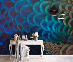 Blue Feather Texture Wallpaper, Dreamy Wall Mural - Peel & Stick - thumbnail 1