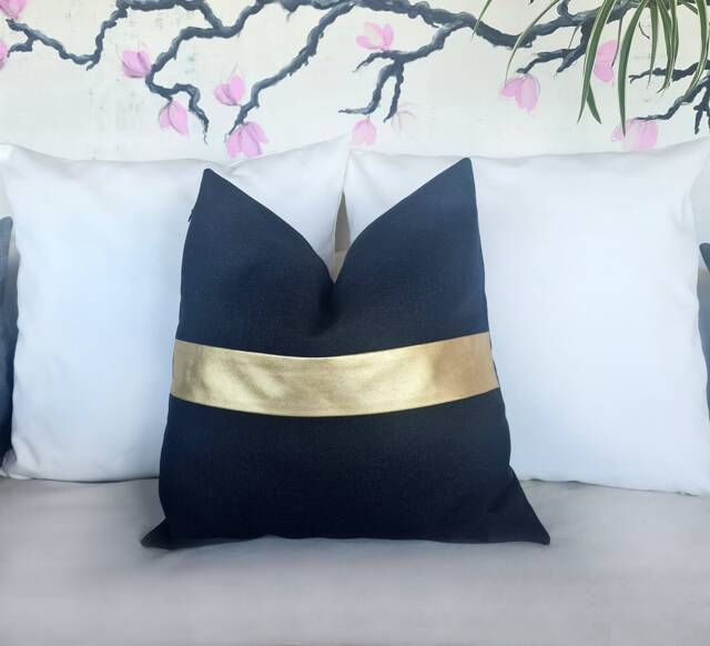 Gold Faux Leather Color Block Pillow Cover Modern Linen Cushion - image 1