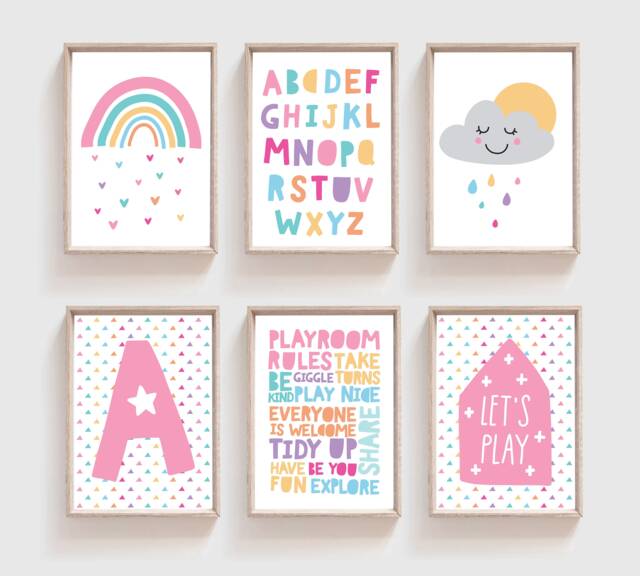 Set Of 6 Girls Nursery Prints, Bedroom Rainbow Decor, Wall Art, Playroom, Art - image 1
