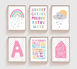 Set Of 6 Girls Nursery Prints, Bedroom Rainbow Decor, Wall Art, Playroom, Art - thumbnail 1
