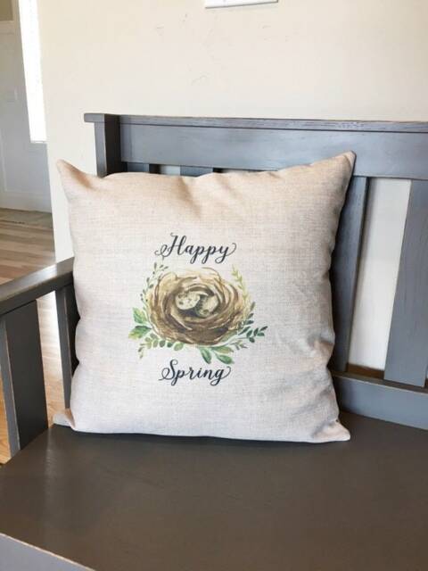 Happy Spring Nest Linen Pillow Cover - Rustic Farmhouse Decor - image 1