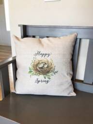 Happy Spring Nest Linen Pillow Cover - Rustic Farmhouse Decor - thumbnail 1
