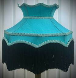 Teal Blue Fabric Lampshade Handmade Black Fringe Pendant Shade - thumbnail 1