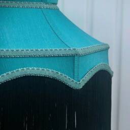 Teal Blue Fabric Lampshade Handmade Black Fringe Pendant Shade - thumbnail 3