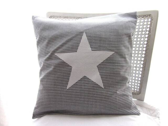 Checked Cushion Cover, Pillow, Star, Grey, White, 40 X cm - image 1