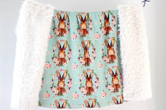 Baby Blanket Floral Bunny Portrait Sage, Dream Blanket, Faux Fur Bunny, Minky Bedding - image 1