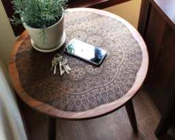 Engraved Walnut Teak Hardwood End/Side Table Or Night Stand - Geometric Modern Mid Century Boho Furniture Design Eames Style