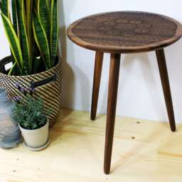 Engraved Walnut Teak Hardwood End/Side Table Or Night Stand - Geometric Modern Mid Century Boho Furniture Design Eames Style - thumbnail 3