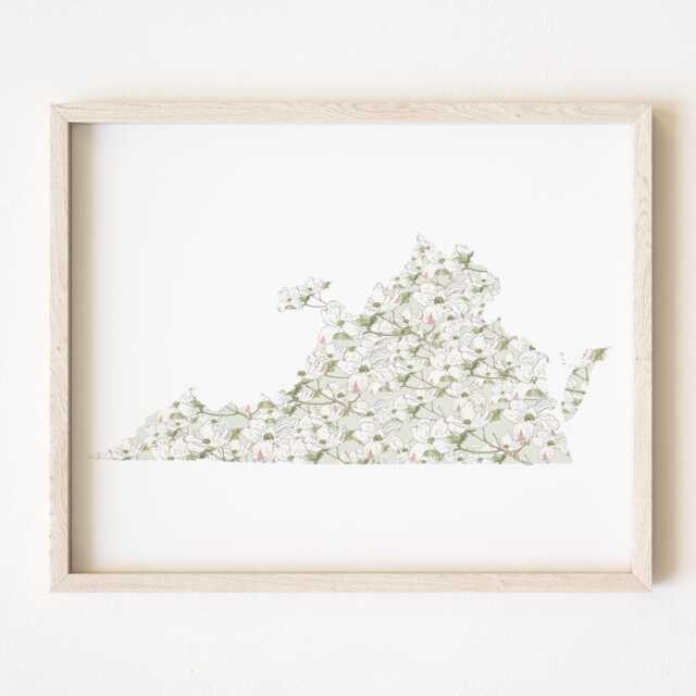 Virginia State Flower Map Watercolor American Dogwood - Art Print Wall Floral Wedding Uva Vt Grad Realtor Moving Mother Day Gift - image 1
