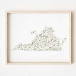 Virginia State Flower Map Watercolor American Dogwood - Art Print Wall Floral Wedding Uva Vt Grad Realtor Moving Mother Day Gift - thumbnail 1
