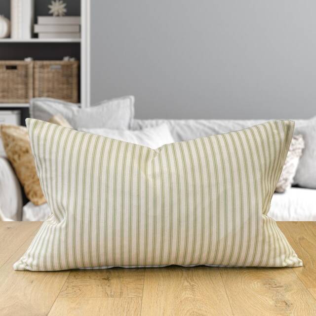 Nautical Cotton Ticking Stripe Xl Rectangular Cushion. Nature Inspired Sage Green & Bright White Design. 23X15