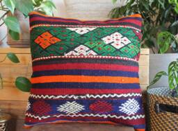 50cm - 20Inch Vintage Kilim Cushion Cover Handwoven - Strong Colours Green Orange Blue
