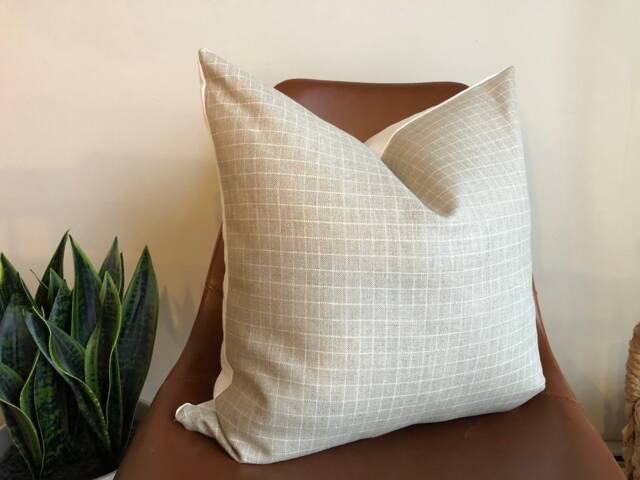 Designer Fabric Windowpane Check Linen Pillow Cover Flax Beige Creamy White Neutrals Cabin Throw Euro Sham Extra Long Lumbar Beach - image 1