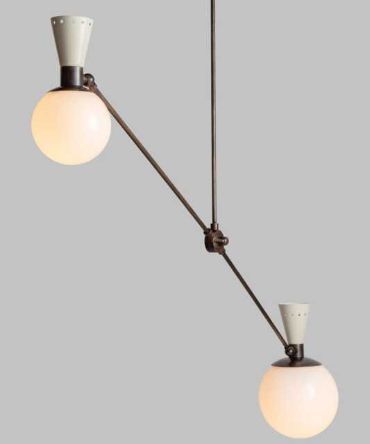 1950S Mid-Century Modern Brass & Opaline Chandelier - Italian Retro Ceiling Lamp - image 1