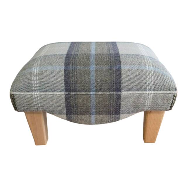 Footstool in Balmoral Oxford Blue Tartan Fabric On Natural Light Solid Wood Legs - image 1