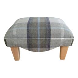 Footstool in Balmoral Oxford Blue Tartan Fabric On Natural Light Solid Wood Legs - thumbnail 1