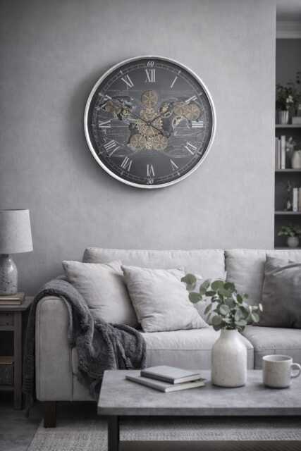 Silver & Black Cog Works Clock With Roman Numerals - image 1