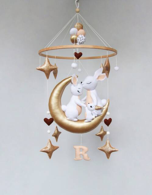 Baby Mobile With Bunnies - Mobile Baby For Girl Or Boy Nursery Rabbits Crib Gender Neutral Hanging Gold - image 1