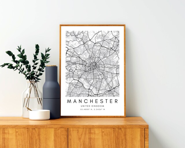 Manchester Map Art Print Minimalist Black & White UK City - image 1