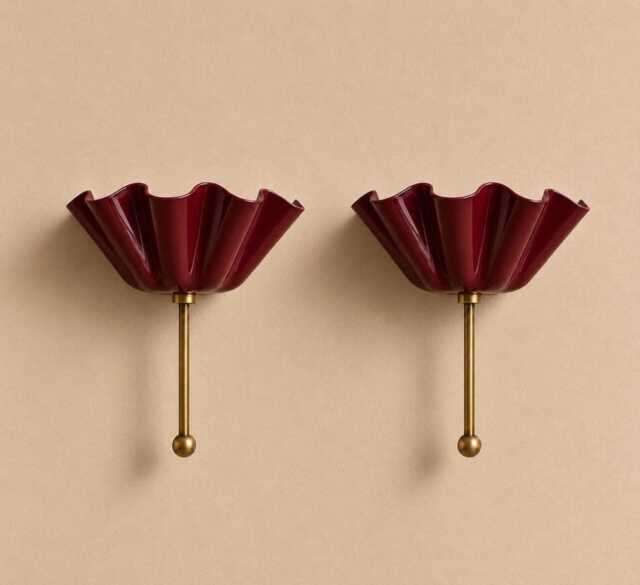 Vintage Brass Burgundy Ruffle Wall Sconce - Scalloped Shade Light Mid Century Modern Art Deco Bathroom Vanity - image 1