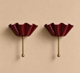 Vintage Brass Burgundy Ruffle Wall Sconce - Scalloped Shade Light Mid Century Modern Art Deco Bathroom Vanity - thumbnail 1
