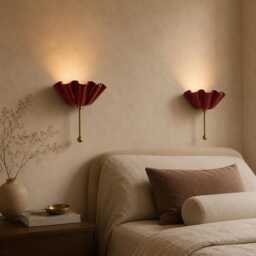Vintage Brass Burgundy Ruffle Wall Sconce - Scalloped Shade Light Mid Century Modern Art Deco Bathroom Vanity - thumbnail 2