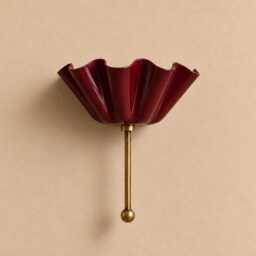Vintage Brass Burgundy Ruffle Wall Sconce - Scalloped Shade Light Mid Century Modern Art Deco Bathroom Vanity - thumbnail 3