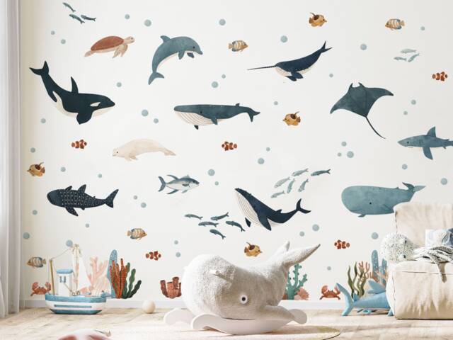 Ocean Friends Scene Wall Sticker Pack, Underwater Decals, Whale Stickers For Walls, Themed Room - image 1
