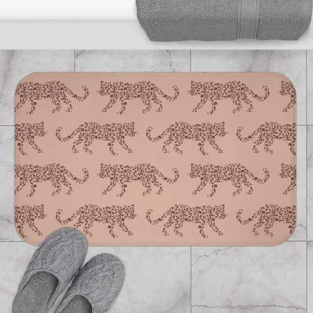 Plush Bath Mat, Leopard Parade, Sable Red Blush Pink, Jungle Cats, Safari Decor, Bathroom Rug, Animal Print Home Kids Room, Cheetah - image 1