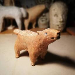 Small Light Orange Dotted Dog/Unique Animal Ceramic Sculpture - thumbnail 1
