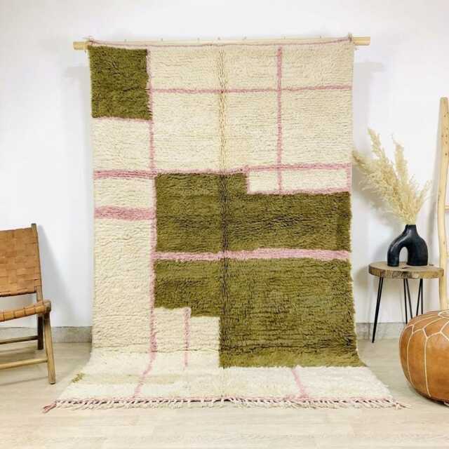 White Green Pink Checkered Moroccan Shag Rug, Geometric Berber Carpet, Hand Tufted Wool Area Modern Boho Decor - image 1