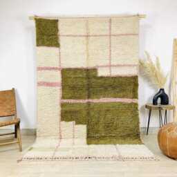 White Green Pink Checkered Moroccan Shag Rug, Geometric Berber Carpet, Hand Tufted Wool Area Modern Boho Decor