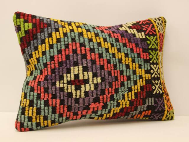 Vintage Turkish Kilim Pillow Cover 14x20, Wool Art Deco Cushion - image 1