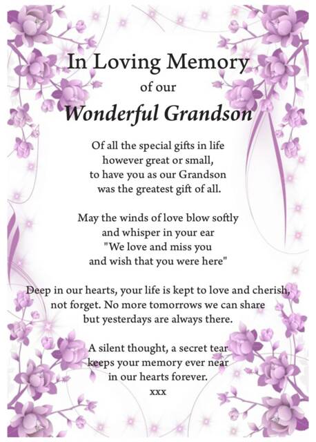 Grandson in Loving Memory Print, Funeral Poem, Missing You, Bereavement, Heaven Grief Grandson Heaven - image 1