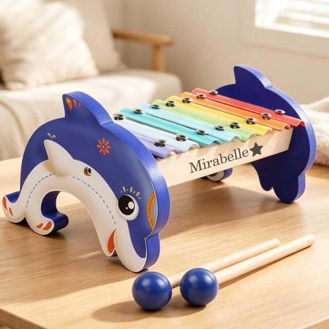 Personalized Dolphin Wooden Xylophone - Custom Name Baby Musical Toy Montessori Toddler Music Gift Ocean Themed Nursery Decoration - image 1