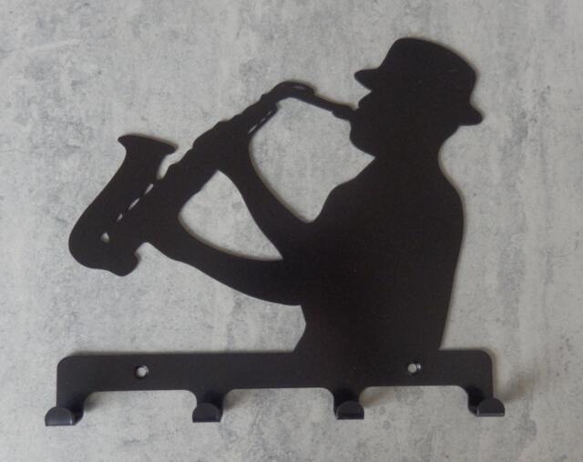 Jazz Man Playing Saxophone Silhouette Key Hook Rack - Music Metal Wall Art - image 1