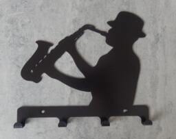Jazz Man Playing Saxophone Silhouette Key Hook Rack - Music Metal Wall Art - thumbnail 1