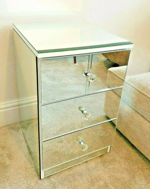 3 Drawer Bedside Unit Mirror Glass Bedroom Side Cabinet Chest White Edge Handmade Ready Assembled - image 1