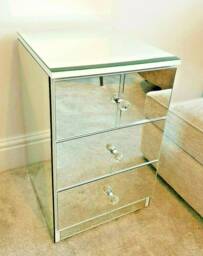3 Drawer Bedside Unit Mirror Glass Bedroom Side Cabinet Chest White Edge Handmade Ready Assembled