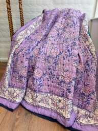 Quilted Pure Cotton Reversible Bed Throw King Size Summer Indian Quilt - Handmade Handprint Country Lavender Purple White Romance Floral - thumbnail 1