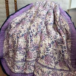 Quilted Pure Cotton Reversible Bed Throw King Size Summer Indian Quilt - Handmade Handprint Country Lavender Purple White Romance Floral - thumbnail 2