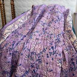 Quilted Pure Cotton Reversible Bed Throw King Size Summer Indian Quilt - Handmade Handprint Country Lavender Purple White Romance Floral - thumbnail 3