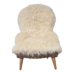 Handmade Cream Sheepskin Bedroom Chair Brown Leather Accent, UK Made - thumbnail 3