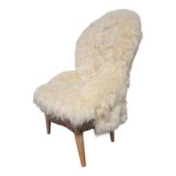 Handmade Cream Sheepskin Bedroom Chair Brown Leather Accent, UK Made - thumbnail 2
