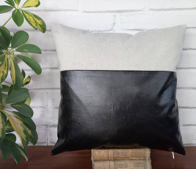 Black Faux Leather & Linen Throw Pillow Scandinavian Color Block - image 1