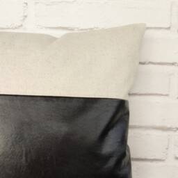 Black Faux Leather & Linen Throw Pillow Scandinavian Color Block - thumbnail 3