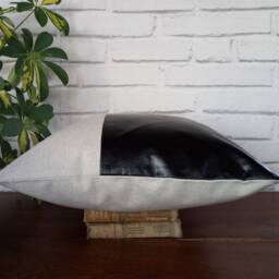 Black Faux Leather & Linen Throw Pillow Scandinavian Color Block - thumbnail 4