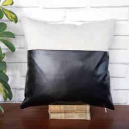 Black Faux Leather & Linen Throw Pillow Scandinavian Color Block - thumbnail 2