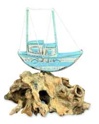 Shipwrecked Wooden Boat On Rocks Nautical Sculpture - thumbnail 1