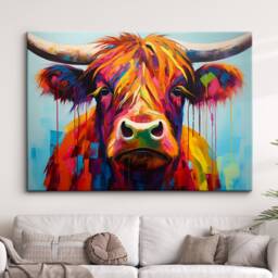 Highland Cow Animal Abstract Oil Painting Colourful Paint Splatter Style Wall Art Framed Canvas Poster Print, Home/Office Room Decor Gifts - thumbnail 1